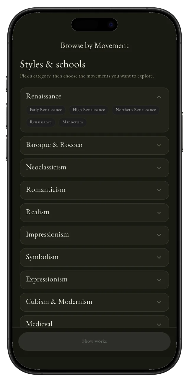 Browsing by movement: Renaissance, Baroque & Rococo, Neoclassicism, Romanticism and more.