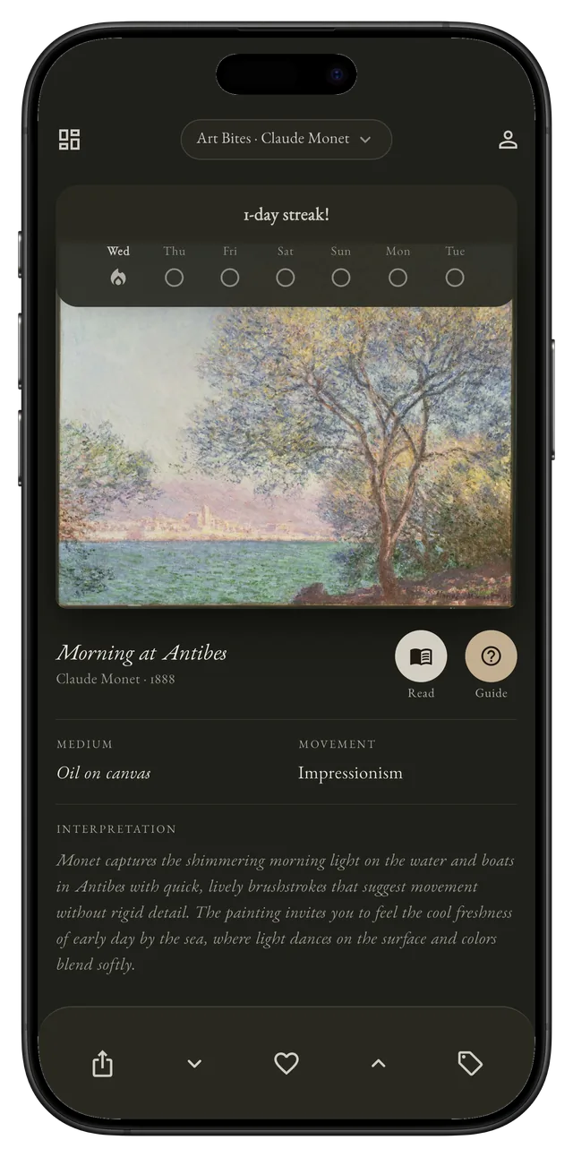 Art Bites daily feed: Claude Monet&rsquo;s Morning at Antibes, 1888, with medium and movement.