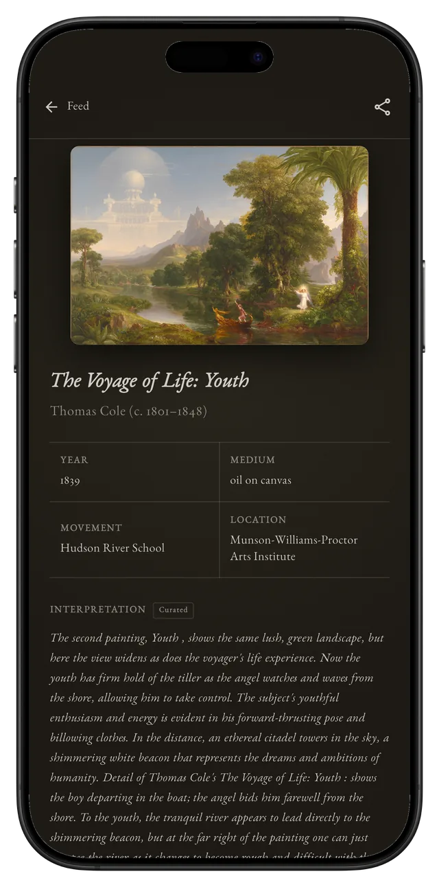 Reading in depth about Thomas Cole&rsquo;s The Voyage of Life: Youth, 1839.