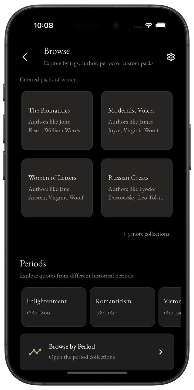 Browsing Literature Bites by tag, author, period and curated packs.
